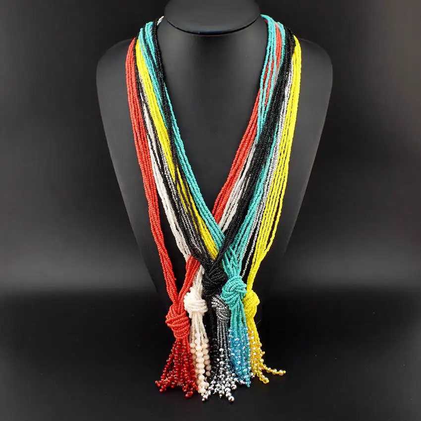 MANILAI Bohemia Female Jewelry Fashion Handmade Acrylic Beads Tassels Long Necklaces Women Dress Gifts Ethnic Accessories CE2279