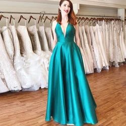 Sexy V-neck Turquoise Prom Dresses A-line Long Formal Party Gowns Simple Satin vestido de formatura 2019 New Arrival Cheap Dress