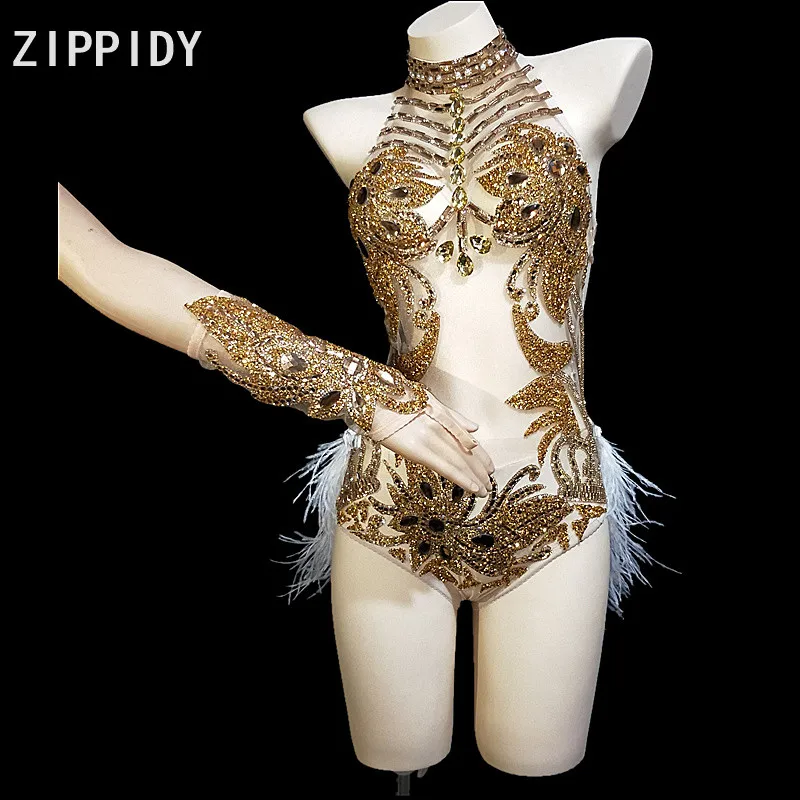 

Flashing Gold Rhinestones Halter See Through Mesh Bodysuit Feather Tail Outfit Birthday Celebrate Nightclub Singer Dance Outfit