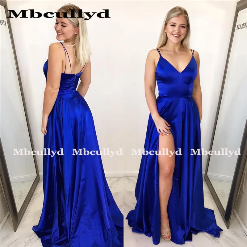 Mbcullyd Royal Blue Side Slit Prom Dresses Long 2023 Sexy V-neck Formal Evening Party Gowns Plus Size Girl Graduation Gala Dress