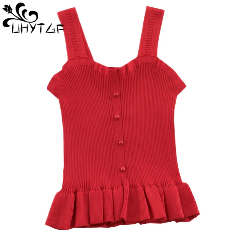 

UHYTGF New Ruffle Sling Vest Women Short Sexy Off Shoulder Sleeveless Summer Vest Female Backless Clothing Knitted Waistcoat 579