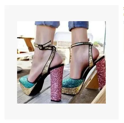 

Bling bling peep-toe sandals for women slingbacks shoes sky-blue rose gold mixed colors ladies fashion square heel runway shoes