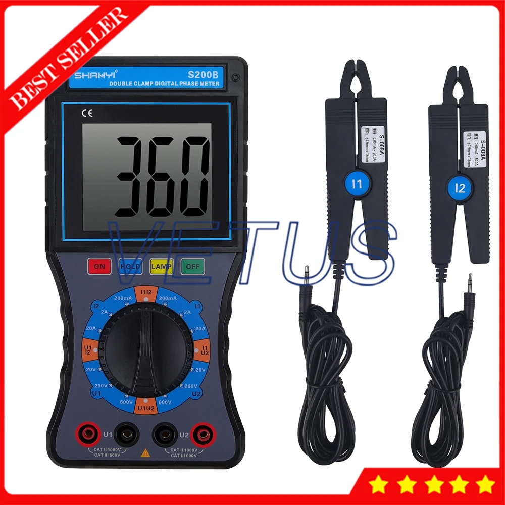 S200B Double Clamps Digital phase volt Ampere meter phase sequence tester With 0.00V to 600V Current range