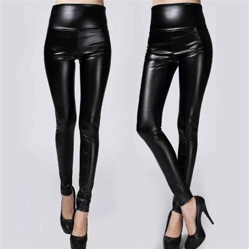 1pc fashion  waist high trousers Skinny Pants Women Black Leather Chic Winter Thickened Leggings Warm Pants