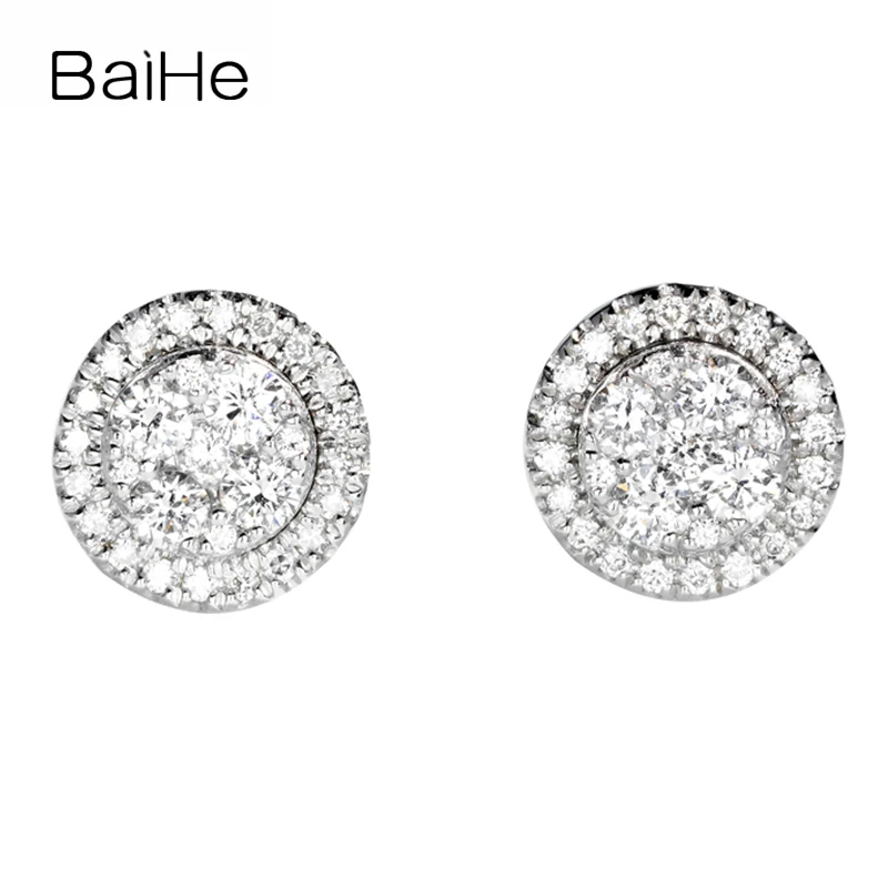 

BAIHE Genuine Solid 14K White Gold H/SI Natural Diamond Stud Earrings Wedding Trendy Fine Jewelry 3 Ways To Wear Earrings Women