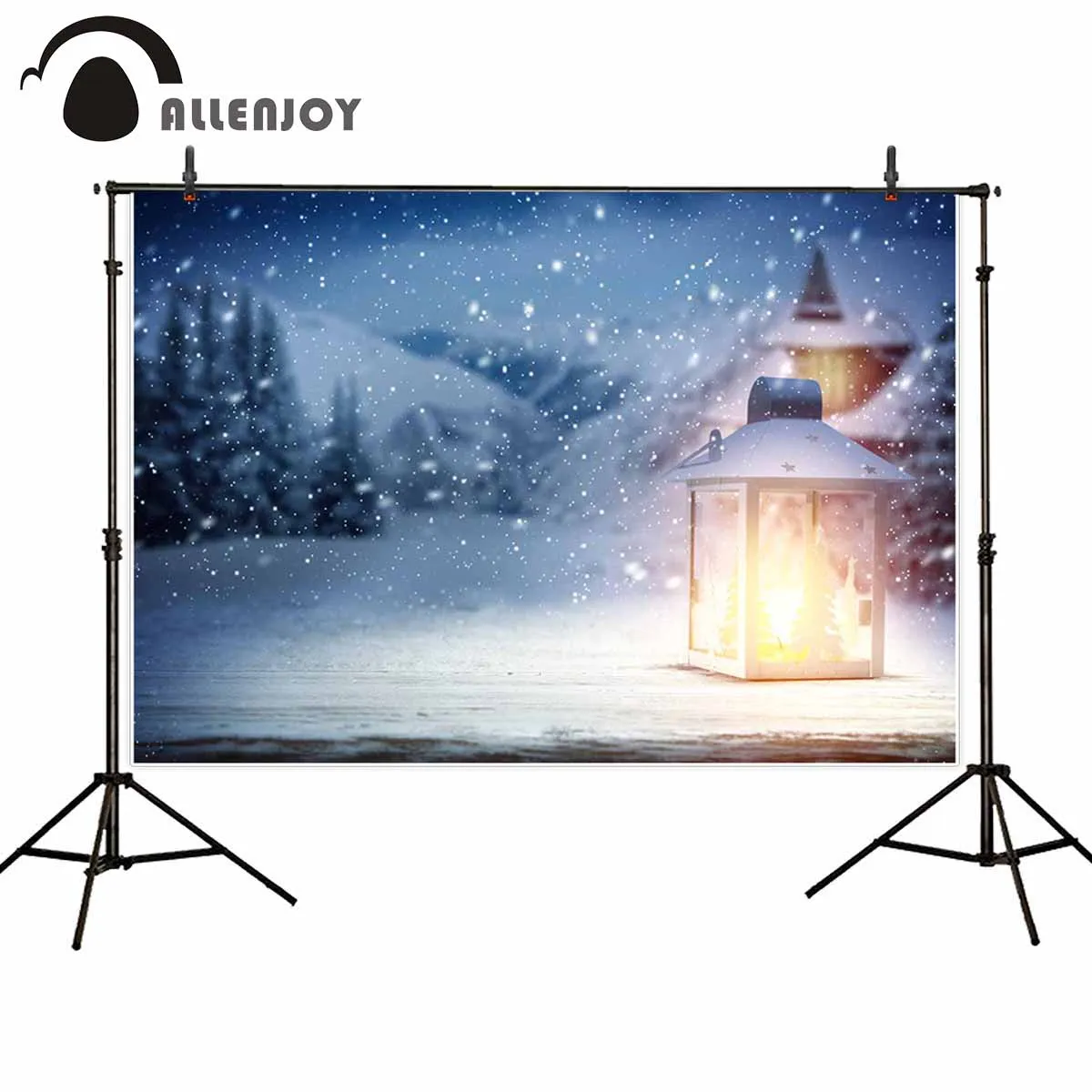 Allenjoy-사진 배경 스튜디오 hazy 하늘 눈 덮인 겨울 밤 램프, 삼나무 눈 산 크리스마스 배경 photobooth