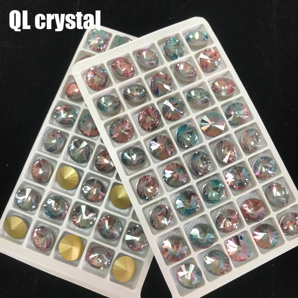 QL Crystal Tourmaline K9 Glass 12mm Round Pointback Fancy Stone for DIY garment bags shoes Jewelry accessory