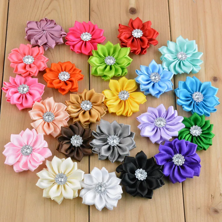 200 pcs Small satin Flowers with rhinestone embellishment - to make vintage flower headbands - hairclips