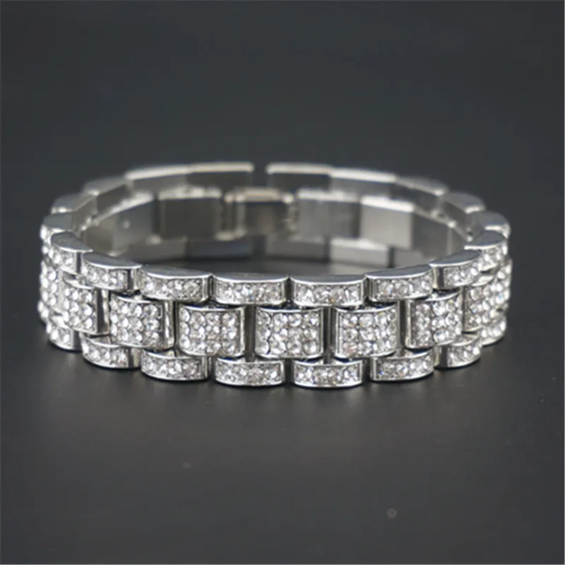 Bling 15mm 20cm Golden Silver Color Bracelet Hip Hop Mens Rhinestone Watchband Chain Tank Bangles For Boys Grils Hand Jewelry