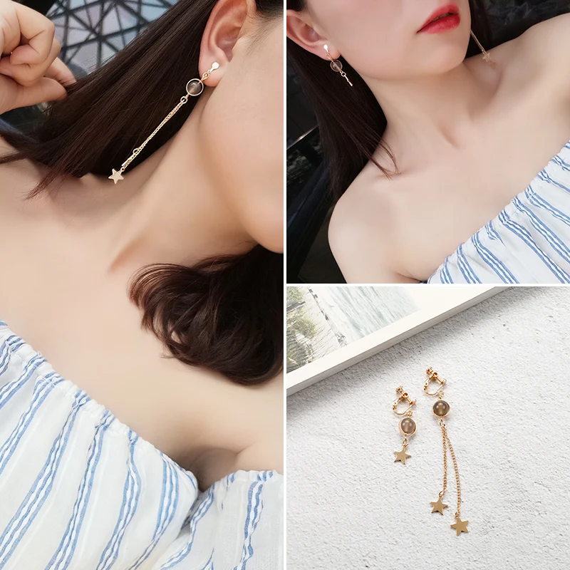 GRACE JUN High Quality Clip on Earrings No Pierced for Women Party Wedding Fashion Long Tassel Geometric Clip Earrings Wholesale