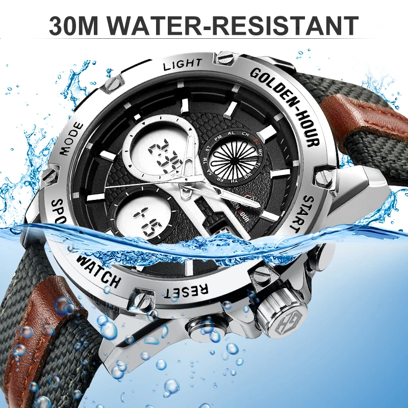 GOLDENHOUR Men Fashion Army Military Watch Mens Dual Display Waterproof Quartz Wristwatches Luminous Hands Sport Clock Relogio