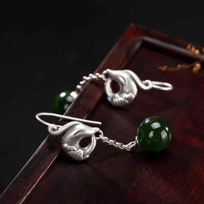 

S925 pure silver inlay hetian jade jade restoring ancient ways round pearl phoenix peony ms earrings