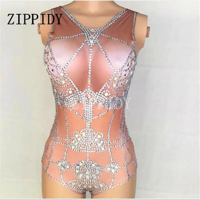 Glisten Crystals Bling Rhinestones Bodysuit Sexy One-piece Stretch Costume Outfit Performance Nightclub Dj Show Party Dance Wear