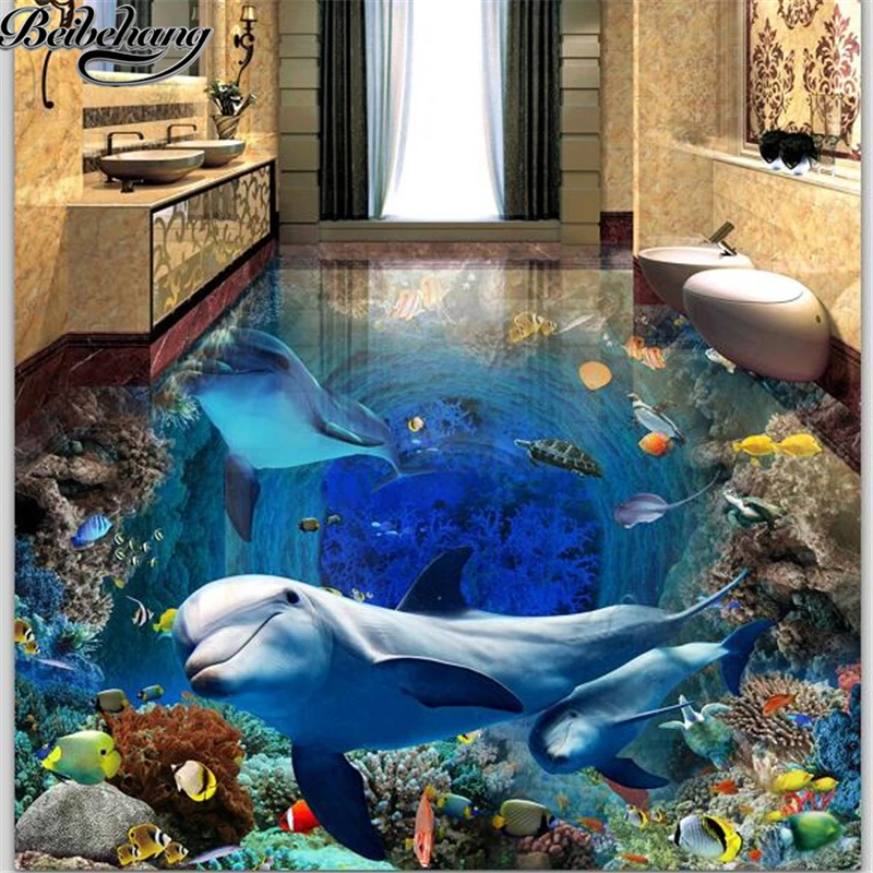 

beibehang Custom flooring 3d underwater world dolphin mother and son love 3D living room shopping mall hotel 3d flooring tiles