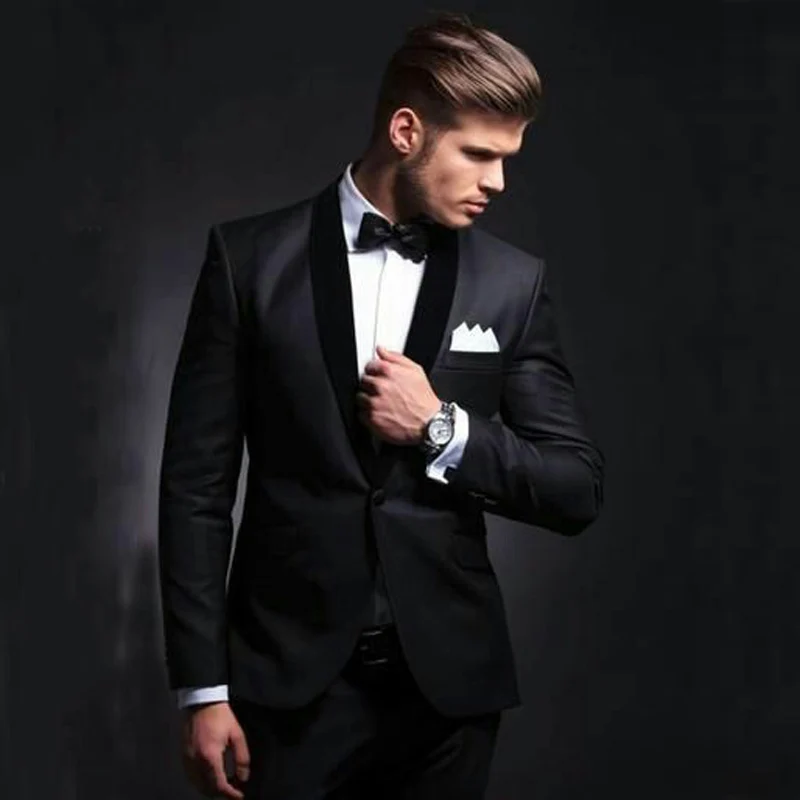 

Custom Made Black Groom Tuxedos Slim Fit Men Suits for Wedding Shawl Lapel Groomsmen Wear 2pieces Coat Trousers Terno Masculino