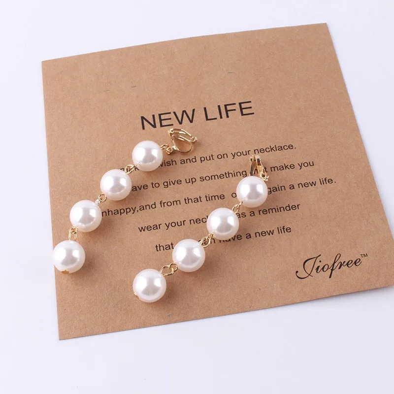 Fashion imitation pearl Bohemian OL temperament Long earring clips no pierced retro long section tassel female earrings jewelry