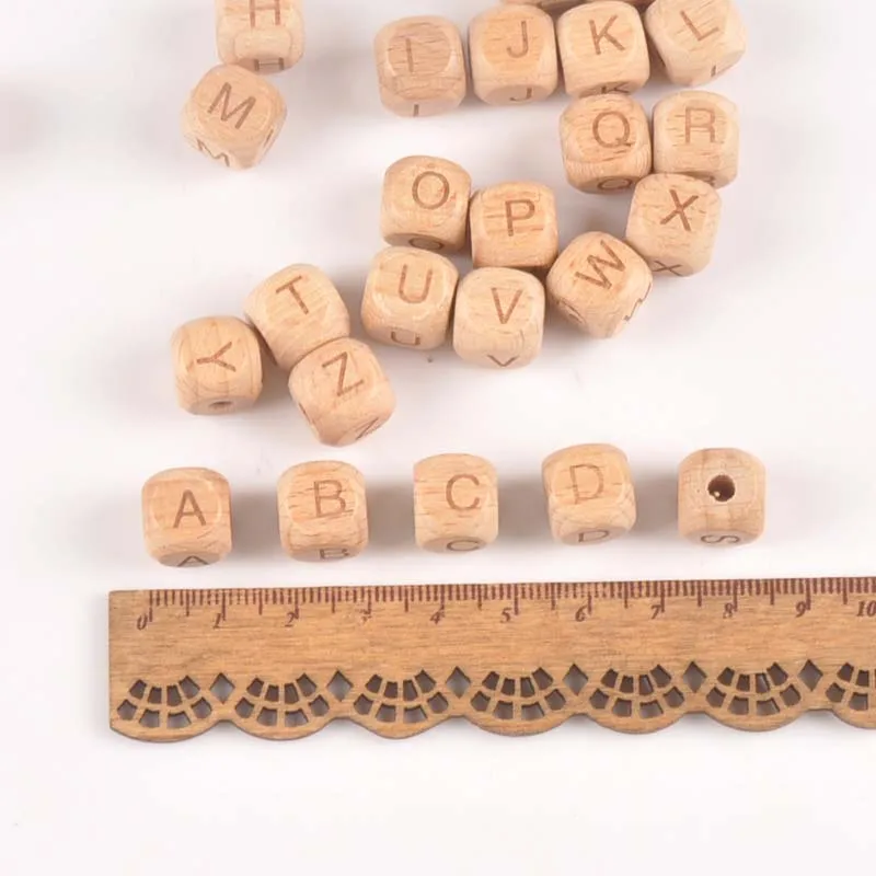 26pcs Natural wooden Four sides engraving  Alphabet/Letters square Beads Pony Beads For Jewelry Making 10/12mm MT2107X