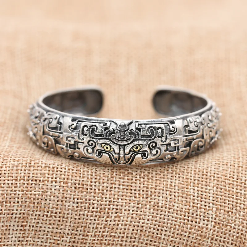 

S925 Sterling Silver Jewelry Retro Thai Silver Personality Ethnic Style Ancient Animal Gluttonous Domineering Men's Bangle