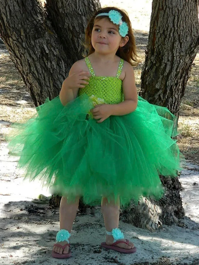 Lovely Girls Green Crochet Flower Tutu Dress Kids Fluffy 2Layer Tulle Ballet Tutus with Ribbon Bow Headband Children Party Dress