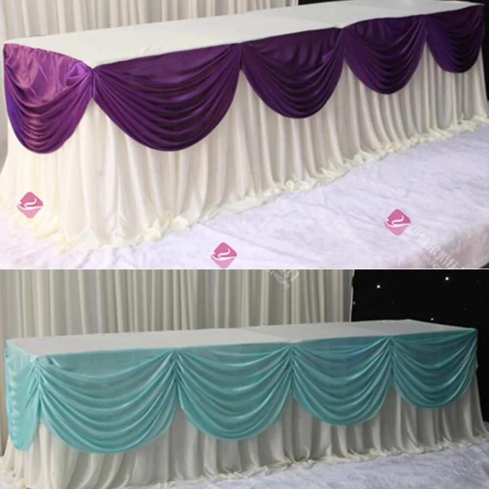 

Table Skirts White Ice Silk Solid 20ft (6M)Table Skirt with Purple/tiffany Blue Swag Wedding Decoration Table Cloth