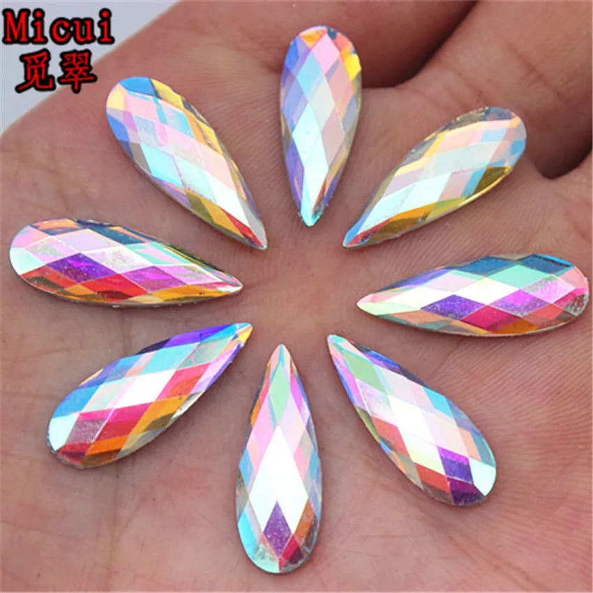 Micui 100pc 8*21mm New Fluorescence Color Drop Resin Rhinestones Flat Back Crystal Applique Stones Non Sewing for Crafts MC316