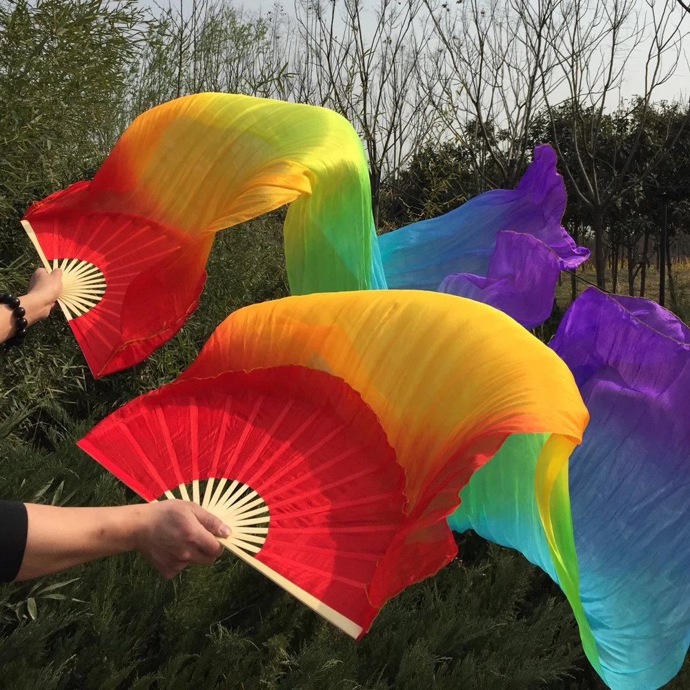 Free-shipping mixed Rainbow colors 100% real silk long Fan Veils for Belly Dancing or Stage Show