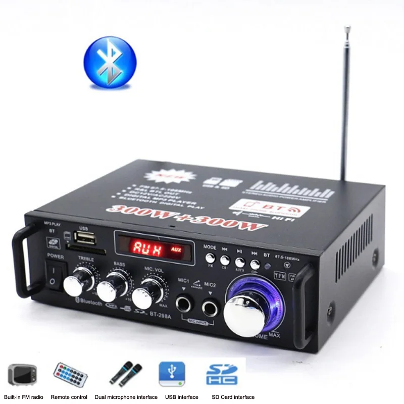 1pc 2 Channel Hifi Stereo Audio Power Amplifier Digital MP3/ WMA Player AC220V Or DC12V USB SD DVD PC Microphone Tuner Bluetooth