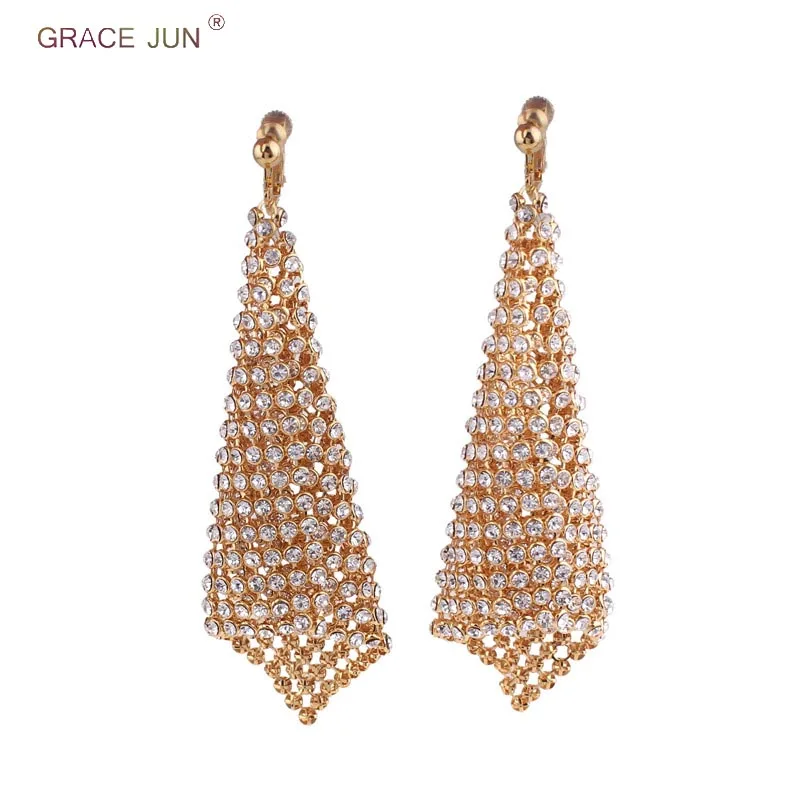 

GRACE JUN Import Rhinestone Geometric Square Clip on Earrings No Pierced for Women Gorgeous Wedding Bridal No Hole Earrings 2018