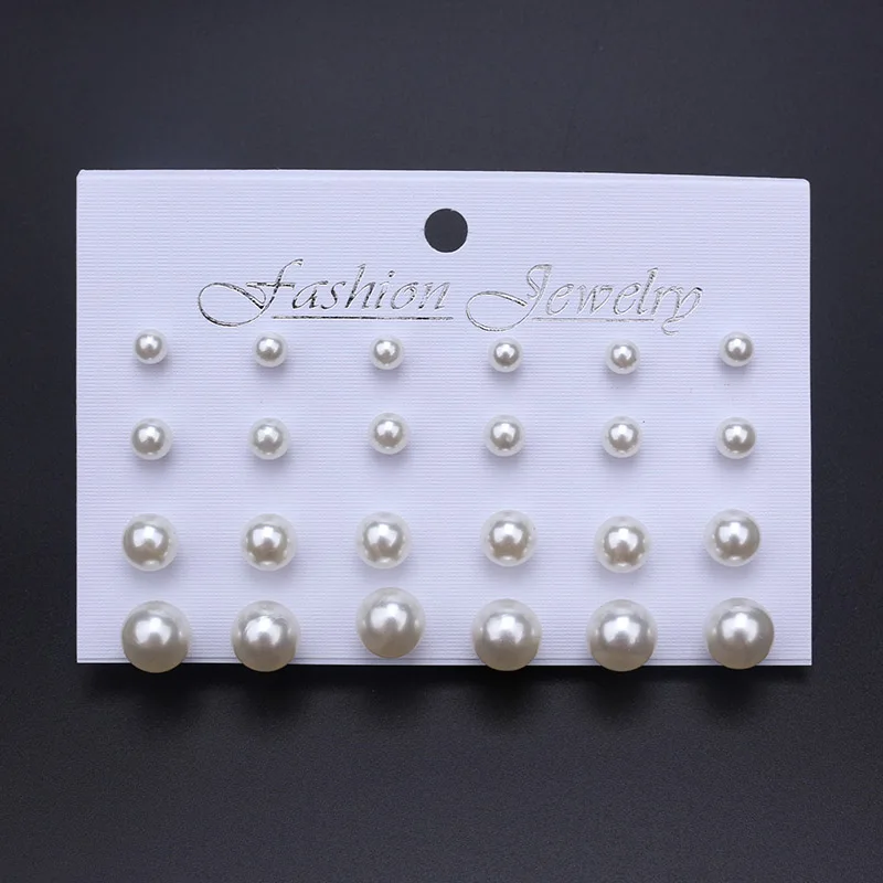 Korean Women Earrings 12 Pair/Set Beige White Pearl Simple Fashion Earrings Wedding Jewelry For Gift Valentine\'s Day gift