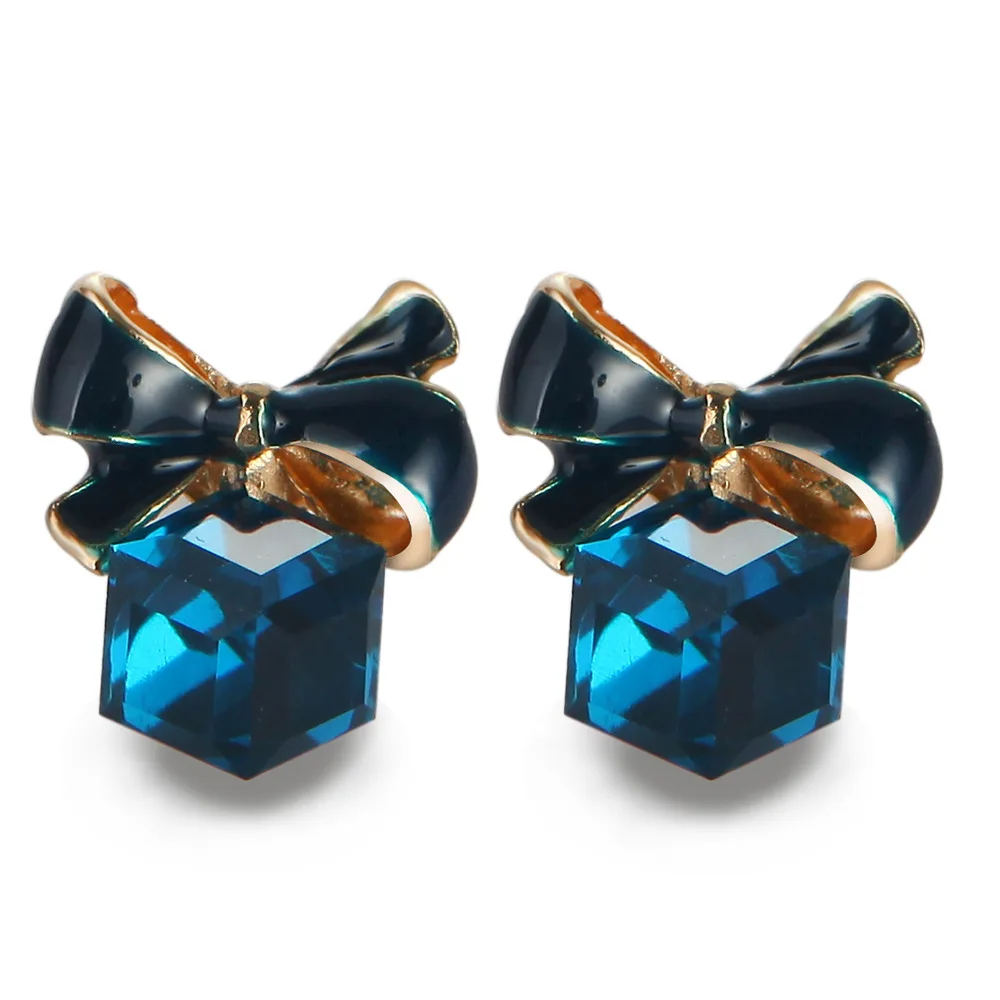 2018 Hot Sale New Fashion Jewelry Chic Shimmer Bow Cubic Crystal Blue Earrings Rhinestone Stud Earrings For Women Brincos