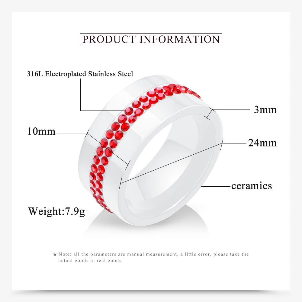 New Fashion Wide 10mm White 2 Row Red Crystal Ceramic Rings Women Engagement Promise Wedding Band Gifts For Women