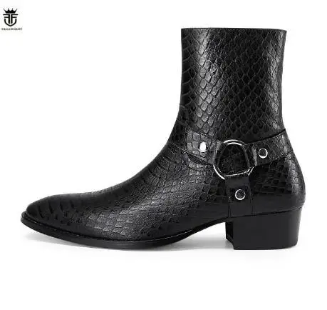 Genuine Leather Black Snakeskin Buckle Strappy Men Ankle Boots Flats Trainers Side Zip Sapatos Shoes Men