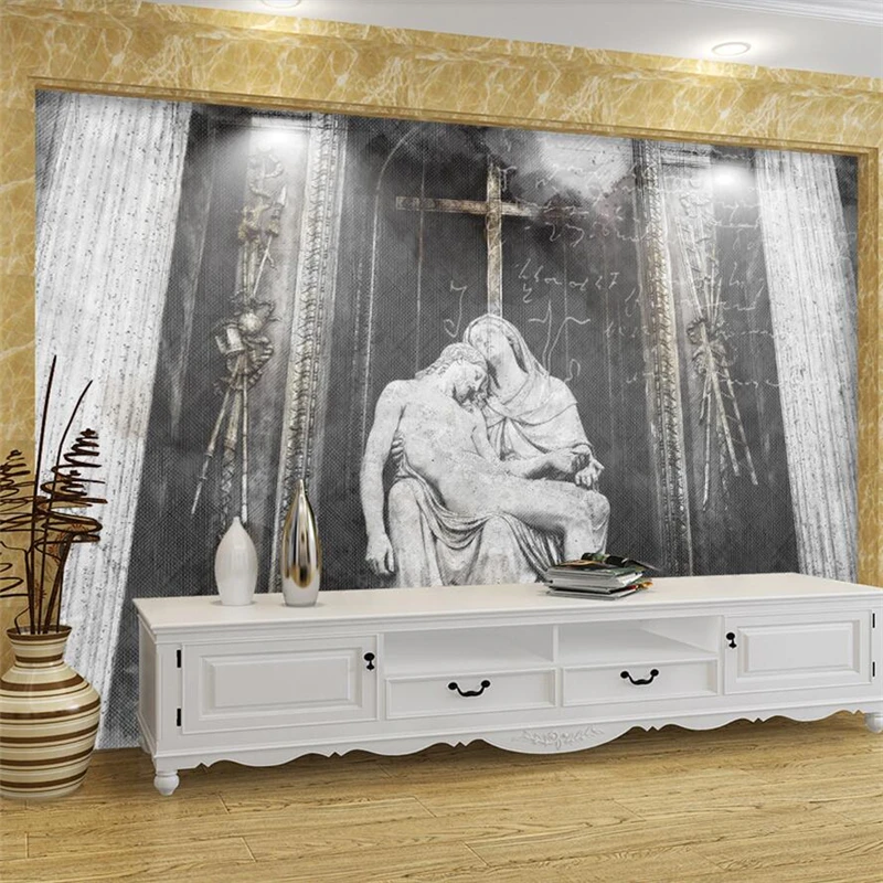 

wellyu Hand-painted elegant Jesus cross TV background wall custom large mural green wallpaper papel de parede para quarto