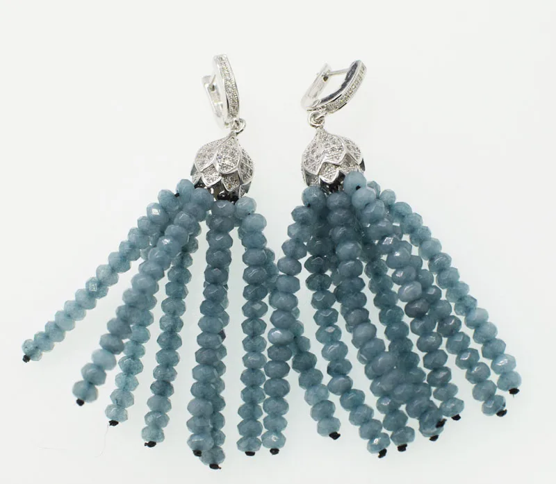 

one pair gray blue jade 4*2mm roundel faceted hook drop earrings tassel wholesale beads nature FPPJ for weddinh