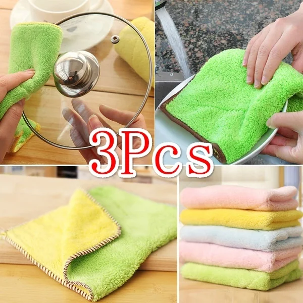 3PCS Bath Towel Kitchen Cleaning Wiping Microfiber Cloth Fiber Kitchen Clean DishDouble Sided Suction Water Thick Cleaning Towel