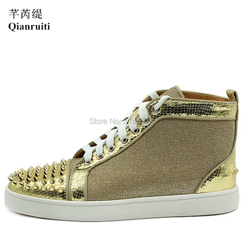 

Qianruiti Men Vulcanized Shoes High Top Sneakers Men Casual Shoes 2019 Outdoor Sport Rivet Flat Ankle Male Shoes