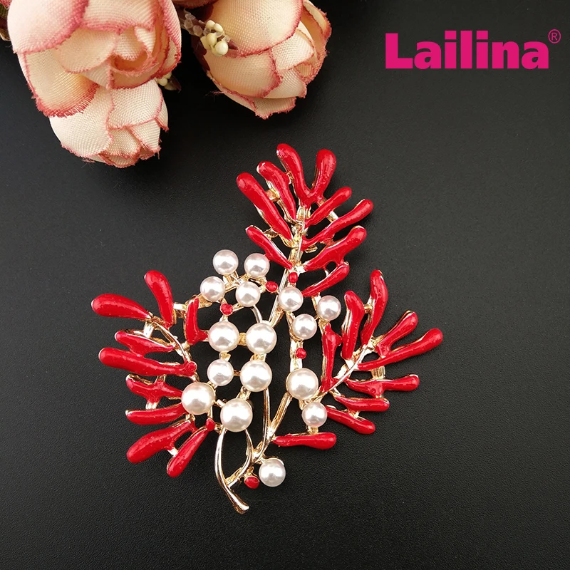 50pcs/lot Red Coral Brooches For Women Party Charm Leaf Shape Pear Brooch Pin Jewelry Accessories Bijoux Gift