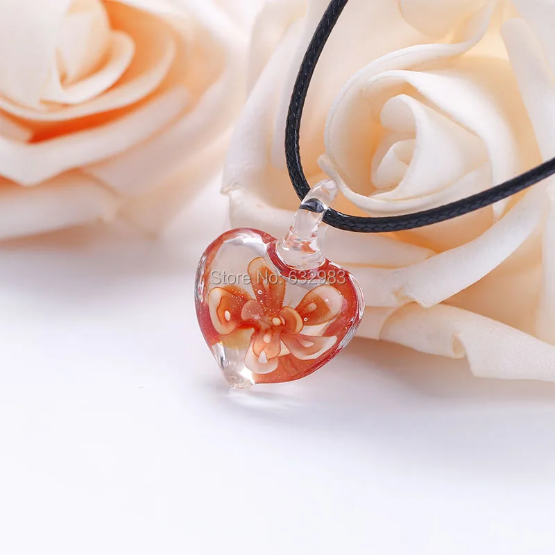 Fashion Heart Shape Art Murano Lampwork Glass Pendant Necklace with Orange Flowers Inside for Women Girls Summer Jewelry