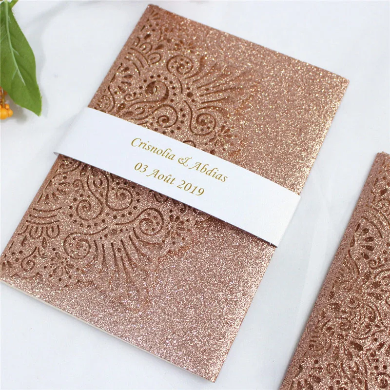 Glitter wedding invitation card with belly band envelop elegant wedding announcement personalized printing