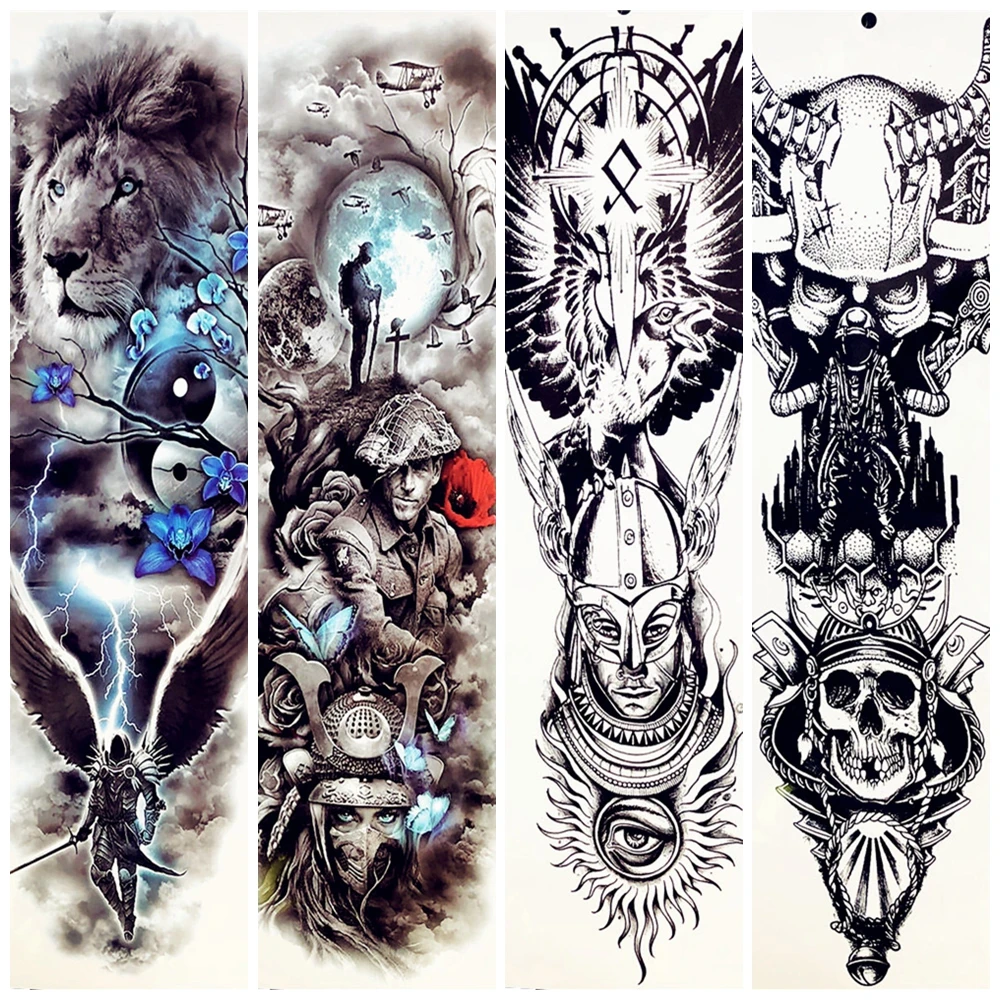 

Spartans Warrior Temporarty Tattoo Stickers 48x17CM Large Full Arm Fake Waterproof Lion Face Tattoo Paste Power Men Tatoos Women