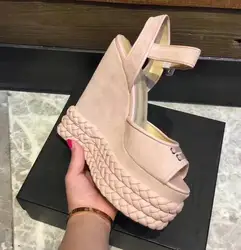 Carpaton Sexy Peep Toe sandały dla kobiety różowe zamszowe platformy buty na koturnie skórzany pleciony pasek z klamrą Party Dress Shoes czarny