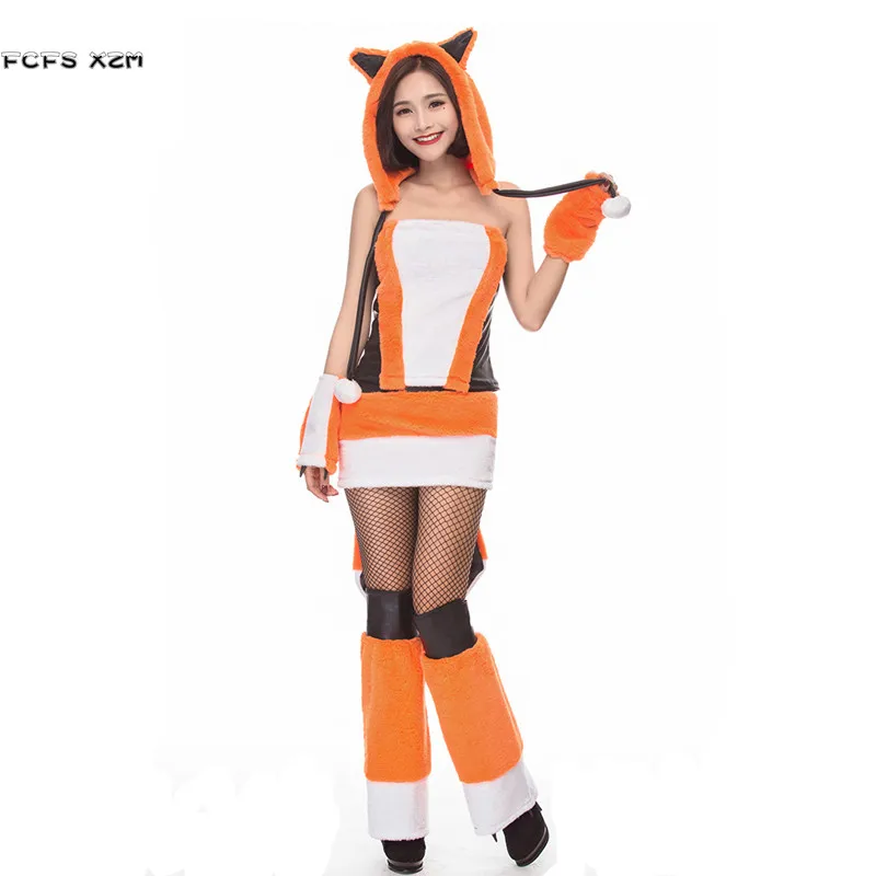 Adult Orange Deluex Woman Fox Cosplay Halloween Costume Female Winter Animal Pajamas Carnival Christmas Parade Purim Party Dress