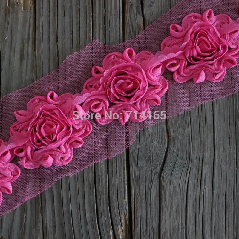 Swirl shabby flower trim Chiffon Rose flower trims,rose chiffon flower Hot Pink 1 yard