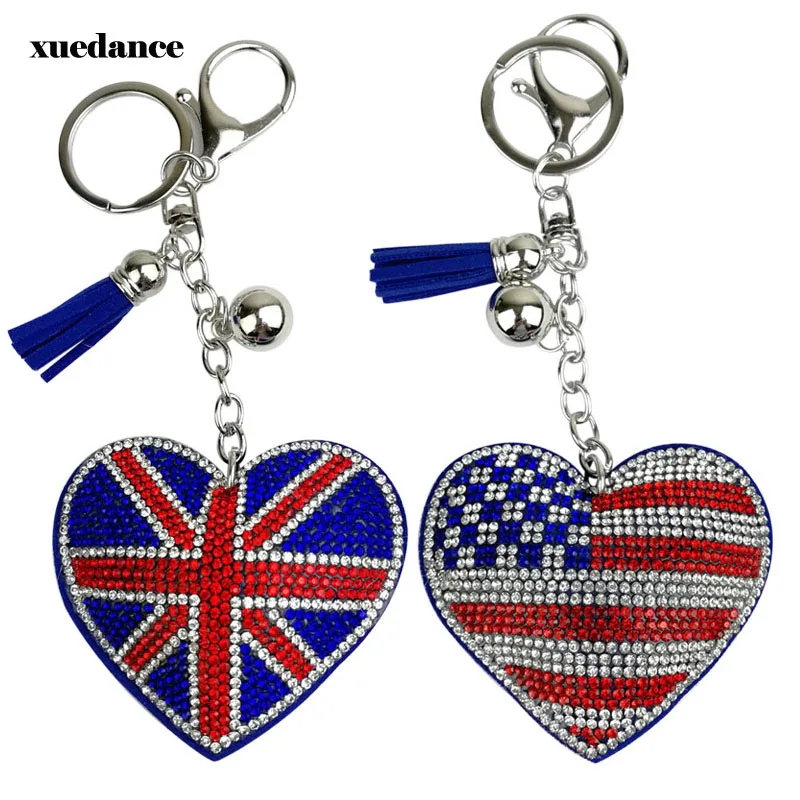 

New Creative British and American Flag Pattern Heart Keychain with Filled Rhinestone Fashion Bag Pendant