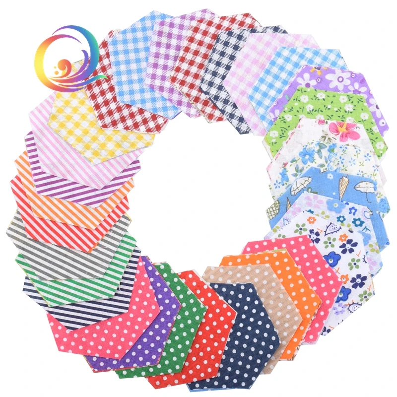 100pcs/ lot Mix Colored Random Printed Hexagon Shape/Low Density&Thin cotton fabric Patchwork DIY for Quilting&Sewing Material