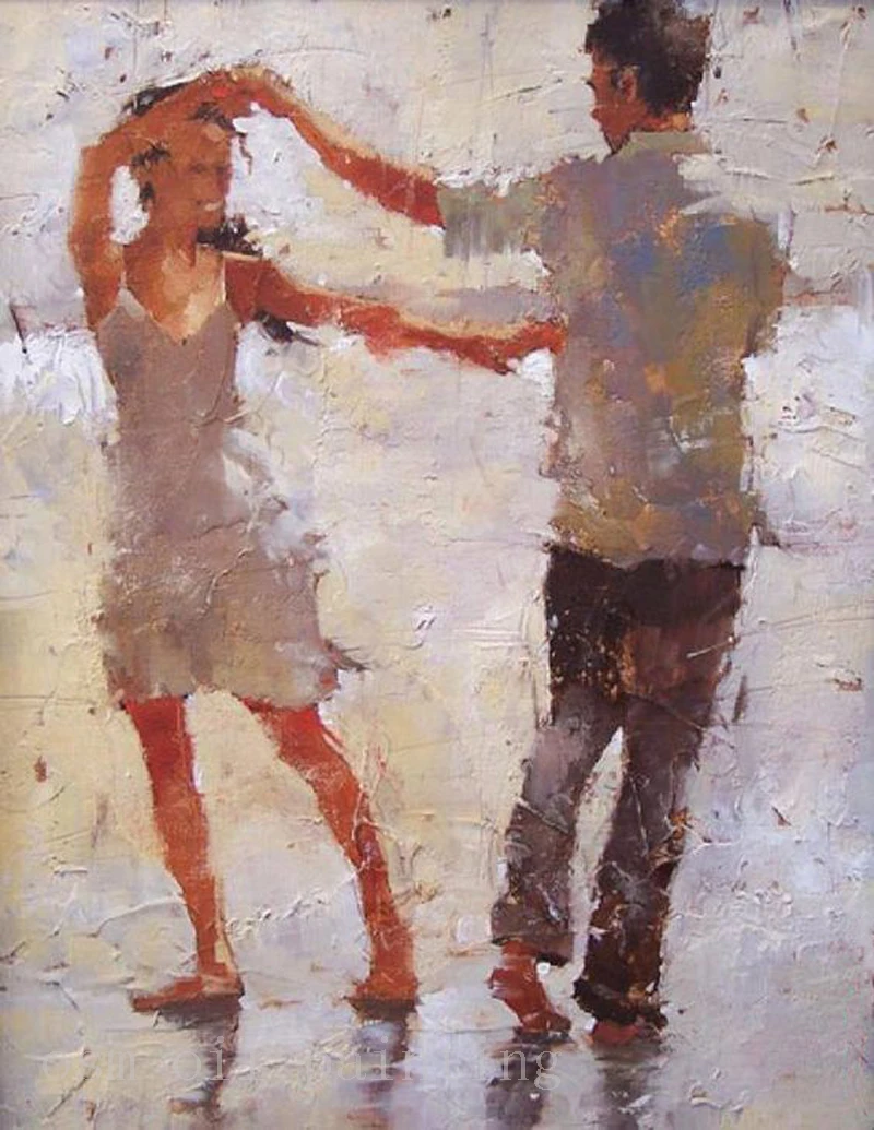 

Hand Painted Abstract Figure Portrait Wall Art Sescape Picture Handmade Couple Play Happily in the Beach Oil Painting on Canvas