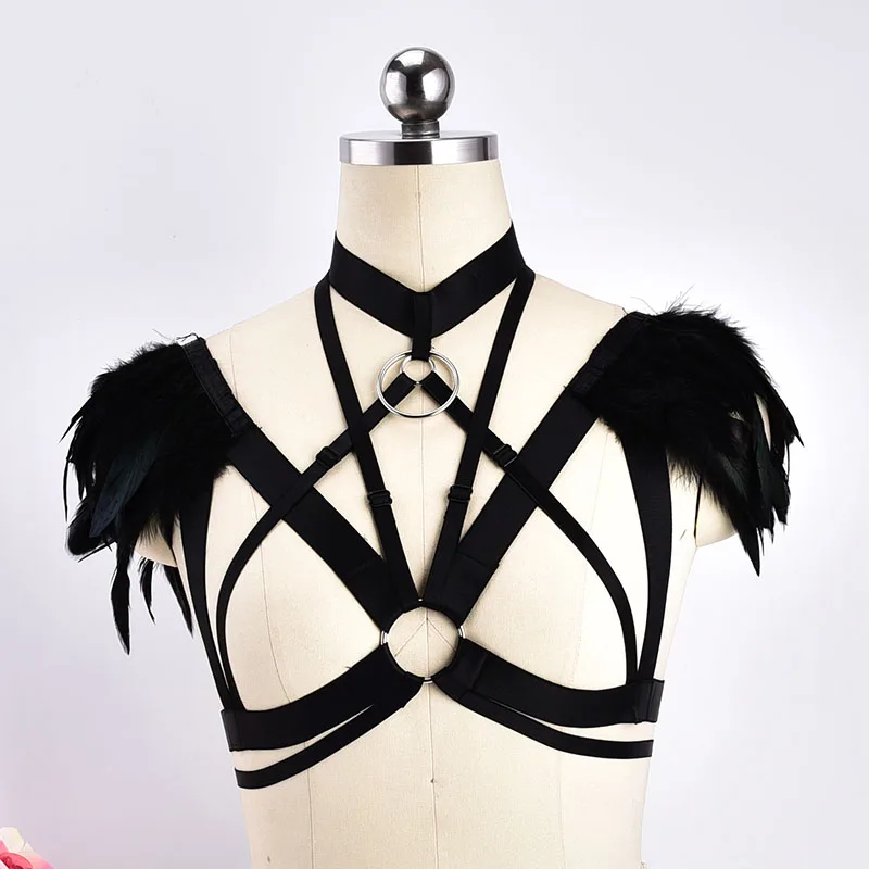 

Festival Goth Steampunk Festival Feather Epaulettes Bondage Crop Top Cage Bra Rave Top Sexy Body Harness Punk Lingerie Bodysuit