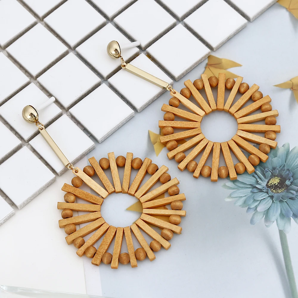 YAOLOGE 2019 Vintage Rattan Wooden Drop Earrings Handmade Geometric Bamboo Round Party Statement For Women Bar Jewelry Wholesale