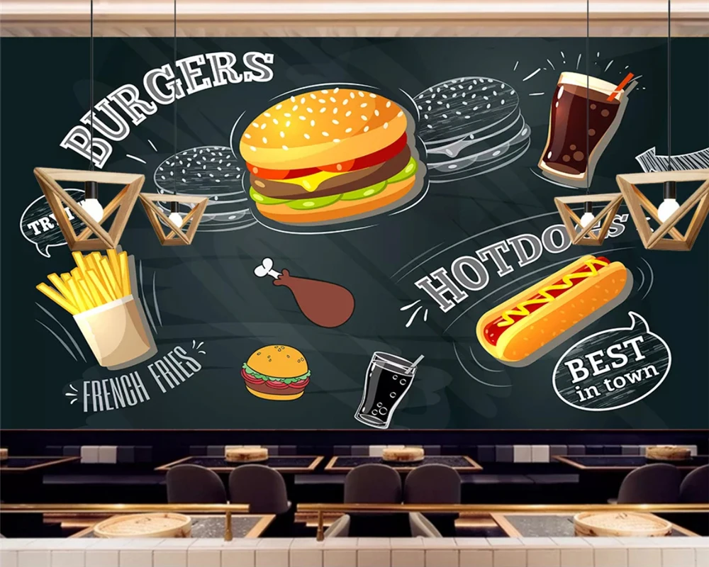 

beibehang Customized modern environmental wallpaper HD hand-painted fast food restaurant burger restaurant catering background