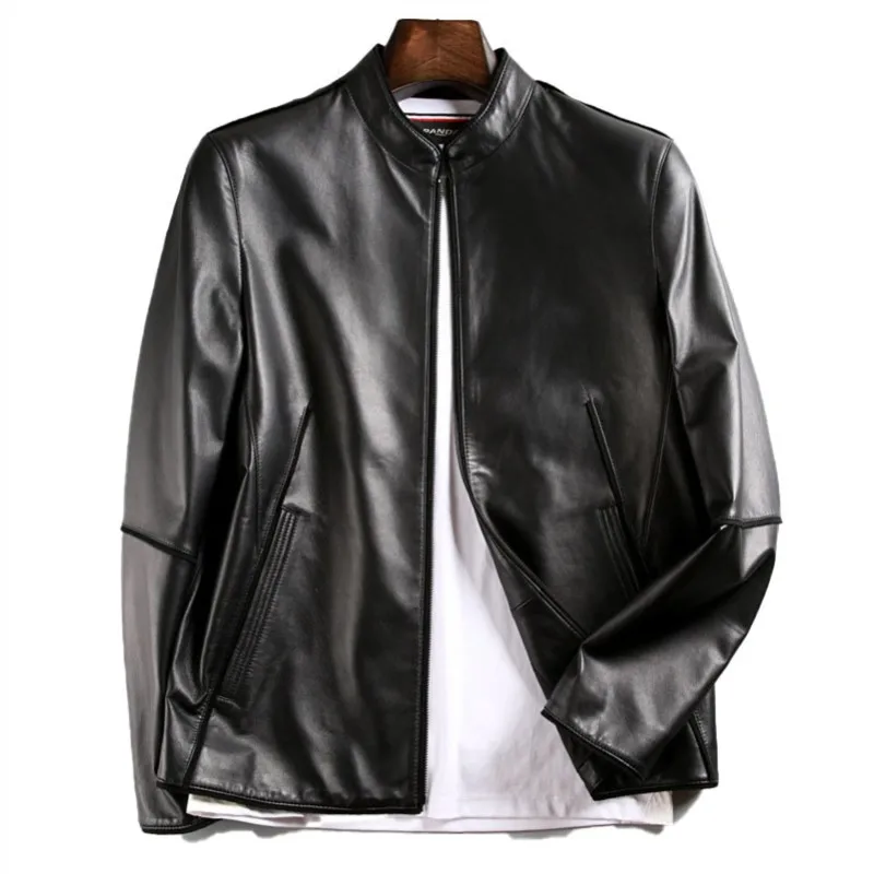 Men's Leather Jacket, Genuine Sheepskin, Male Casual Coat, Stand Collar, Leisure, Spring, Autumn